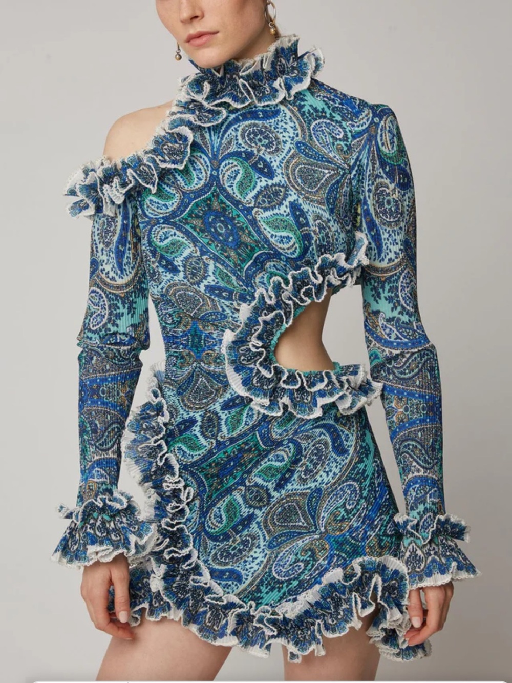 Zimmerman Blue Paisley Cold-Shoulder Ruffle Mini Dress